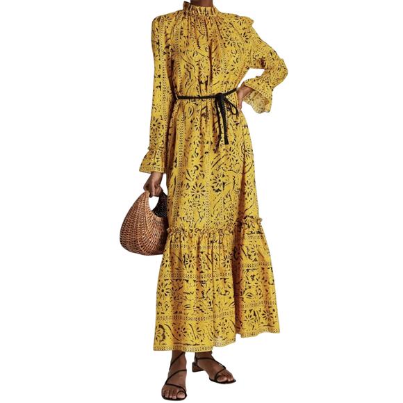 ZIMMERMANN Yellow Cotton Lulu Frill Hem Long Sleeve Maxi A-line Dress Size 0P - Picture 2 of 6